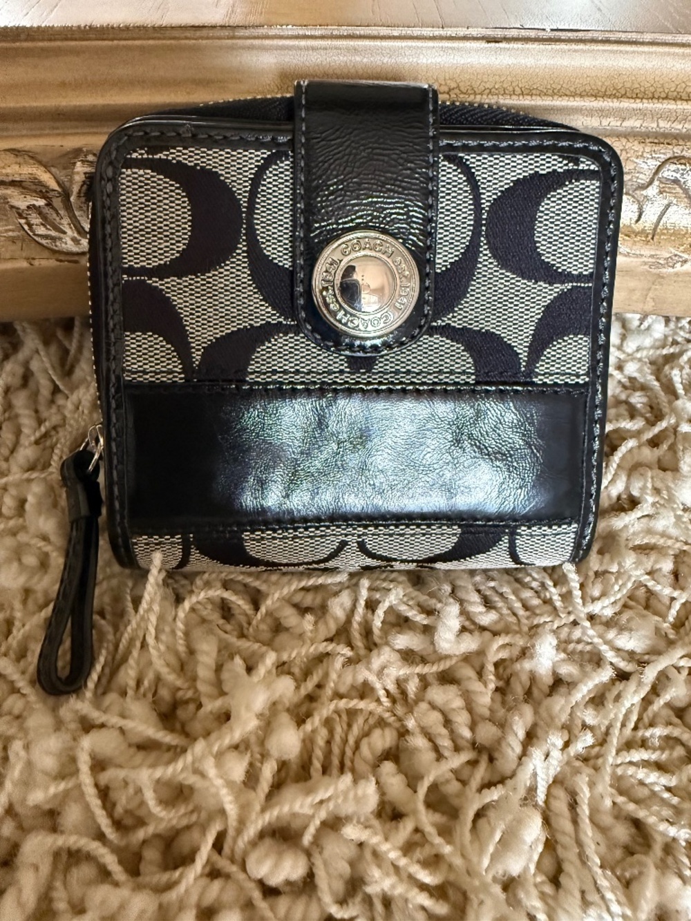 Coach Signature C Legacy Stripe Compact Wallet Zip-Around Black